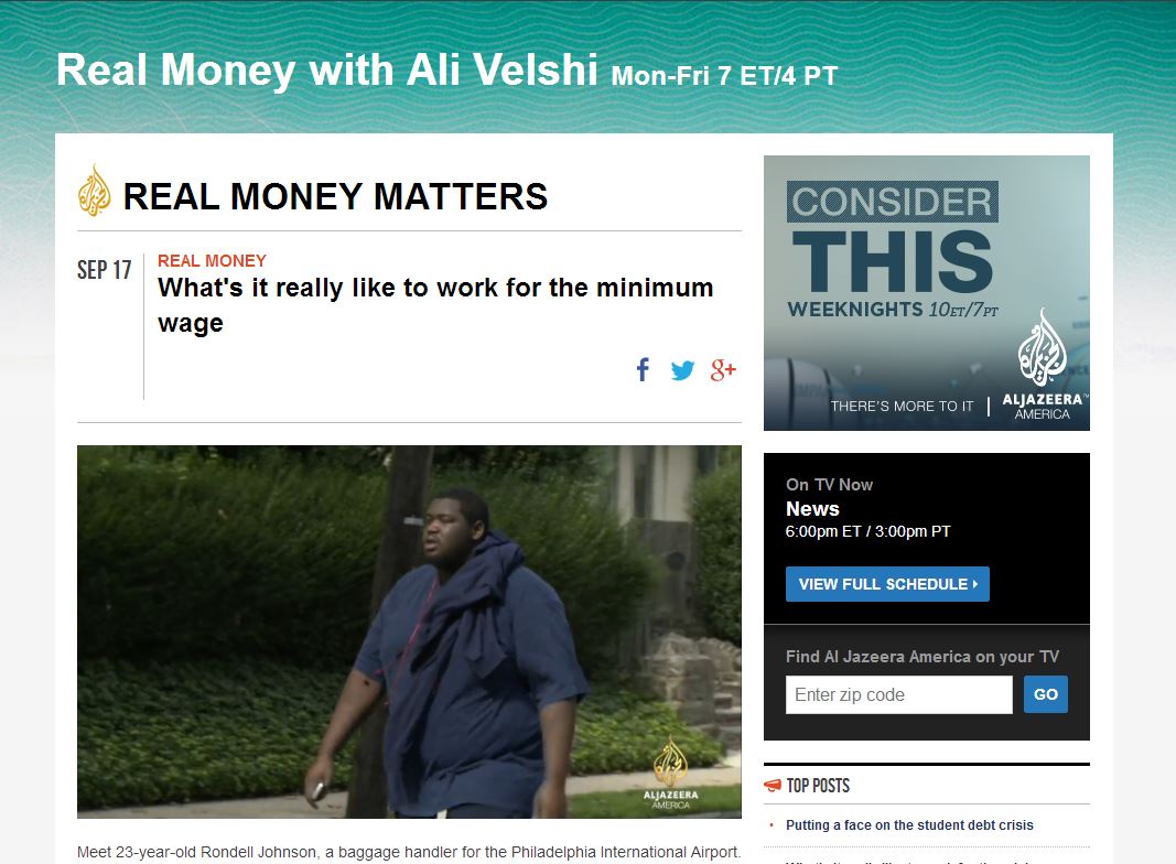 Rondell Johnson, minimum wage, Al Jazeera America, Real Money with Ali Velshi